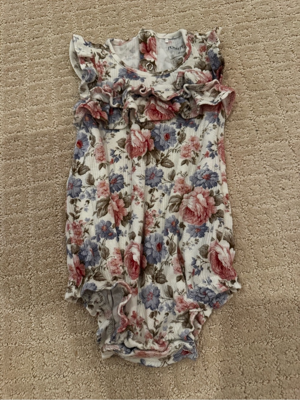 Posh Peanut Floral Ruffle Romper in Cream, Pink & Blue